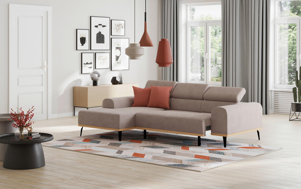 ECKSOFA Sandfarben Mikrofaser  - Sandfarben/Schwarz, KONVENTIONELL, Textil/Metall (157/244cm) - Cotta