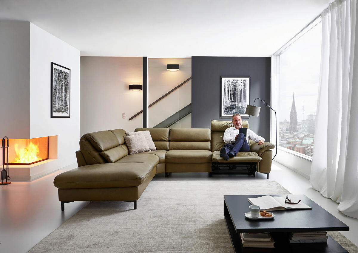 ECKSOFA inkl. Funktionen Valdera Schlammfarben Echtleder  - Schlammfarben/Schwarz, Design, Leder/Metall (246/280cm) - Hukla