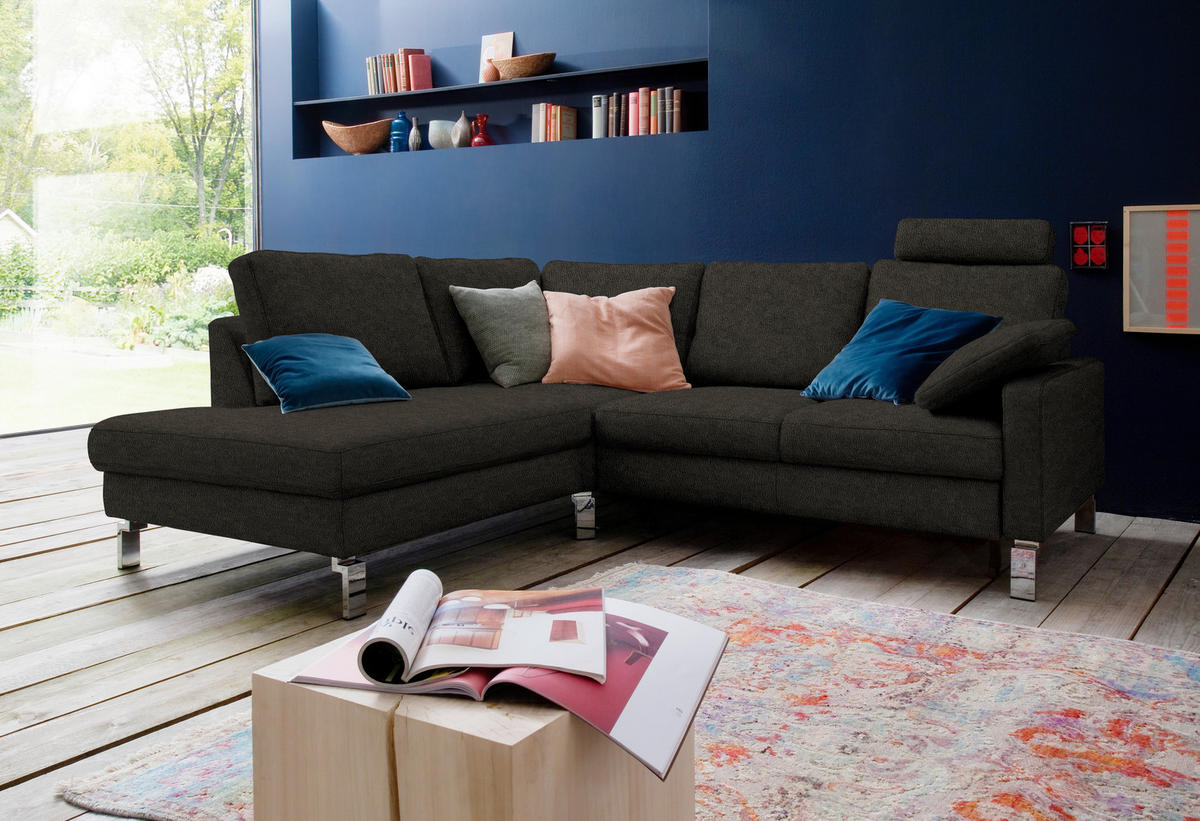 ECKSOFA in Echtleder Schwarz  200/281 cm  - Chromfarben/Schwarz, Design, Leder/Metall (200/281cm) - Pure Home Lifestyle