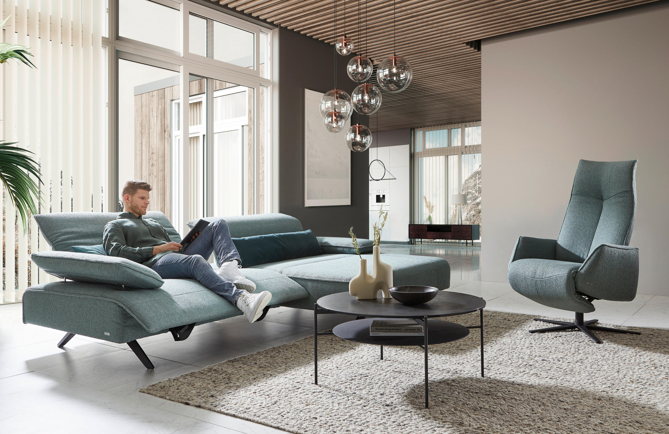 Thumbnail - Johann Jakob Ecksofa, Petrol, Textil, 4-Sitzer, Ottomane rechts, L-Form, 280x164 cm, Blauer Engel, Goldenes M, Emas, Fuß...