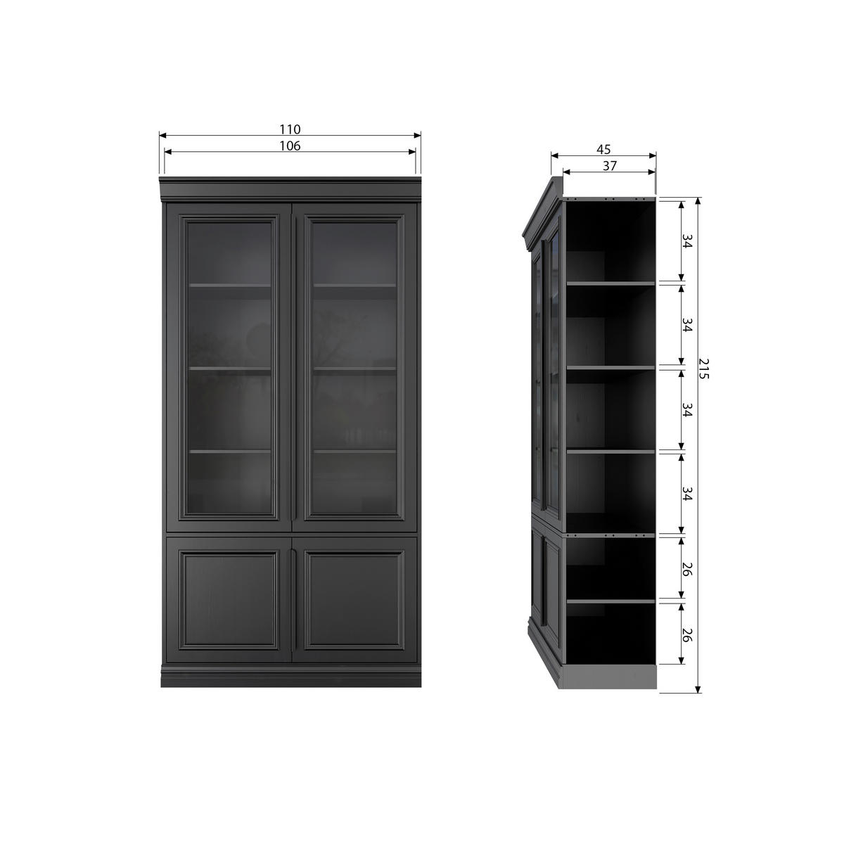 VITRINE  in massiv Kiefer Schwarz  - Schwarz, Design, Glas/Holz (110/215/44cm) - Livetastic