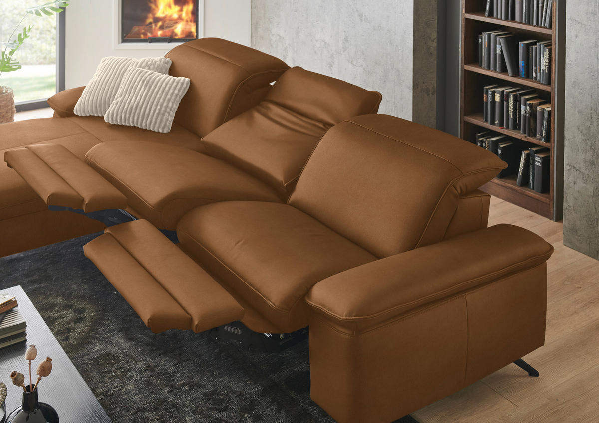 ECKSOFA  Echtleder Cognac  - Cognac/Schwarz, Design, Leder/Metall (169/307cm) - Beldomo Premium