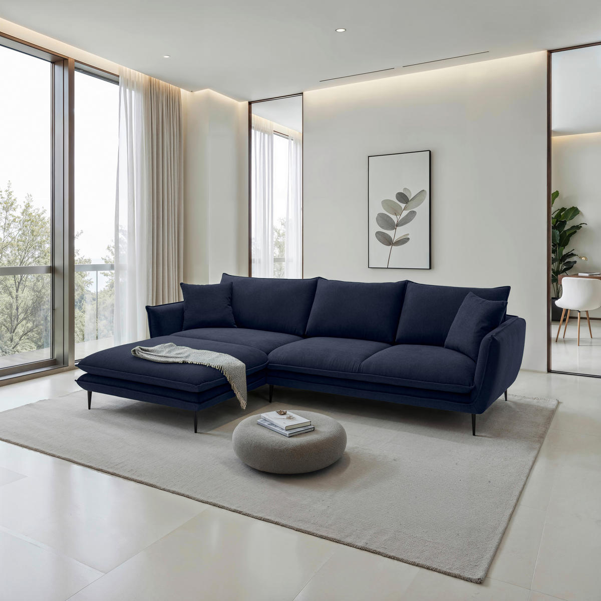 ECKSOFA Dunkelblau Webstoff  - Schwarz/Dunkelblau, KONVENTIONELL, Textil/Metall (196/304cm) - Hom`in