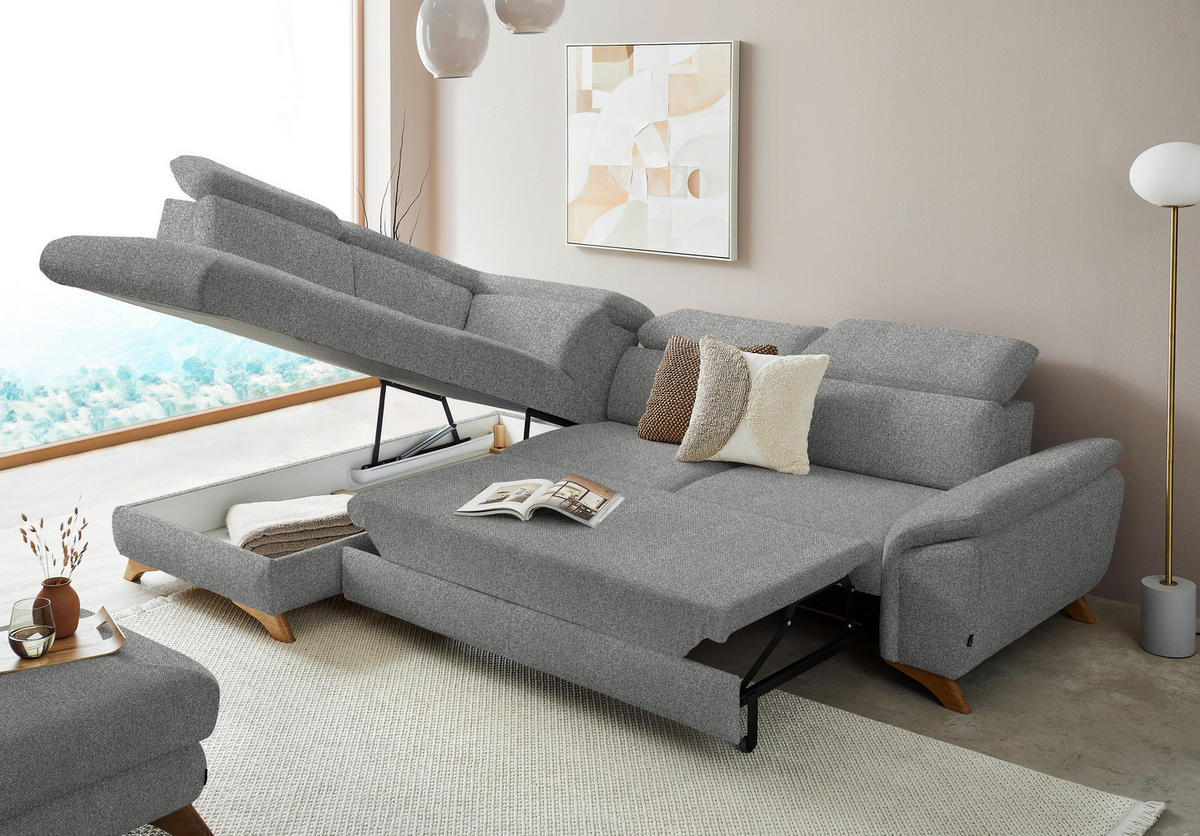 ECKSOFA in Bouclé Hellgrau  - Eichefarben/Hellgrau, Modern, Holz/Textil (212/287cm) - Valnatura
