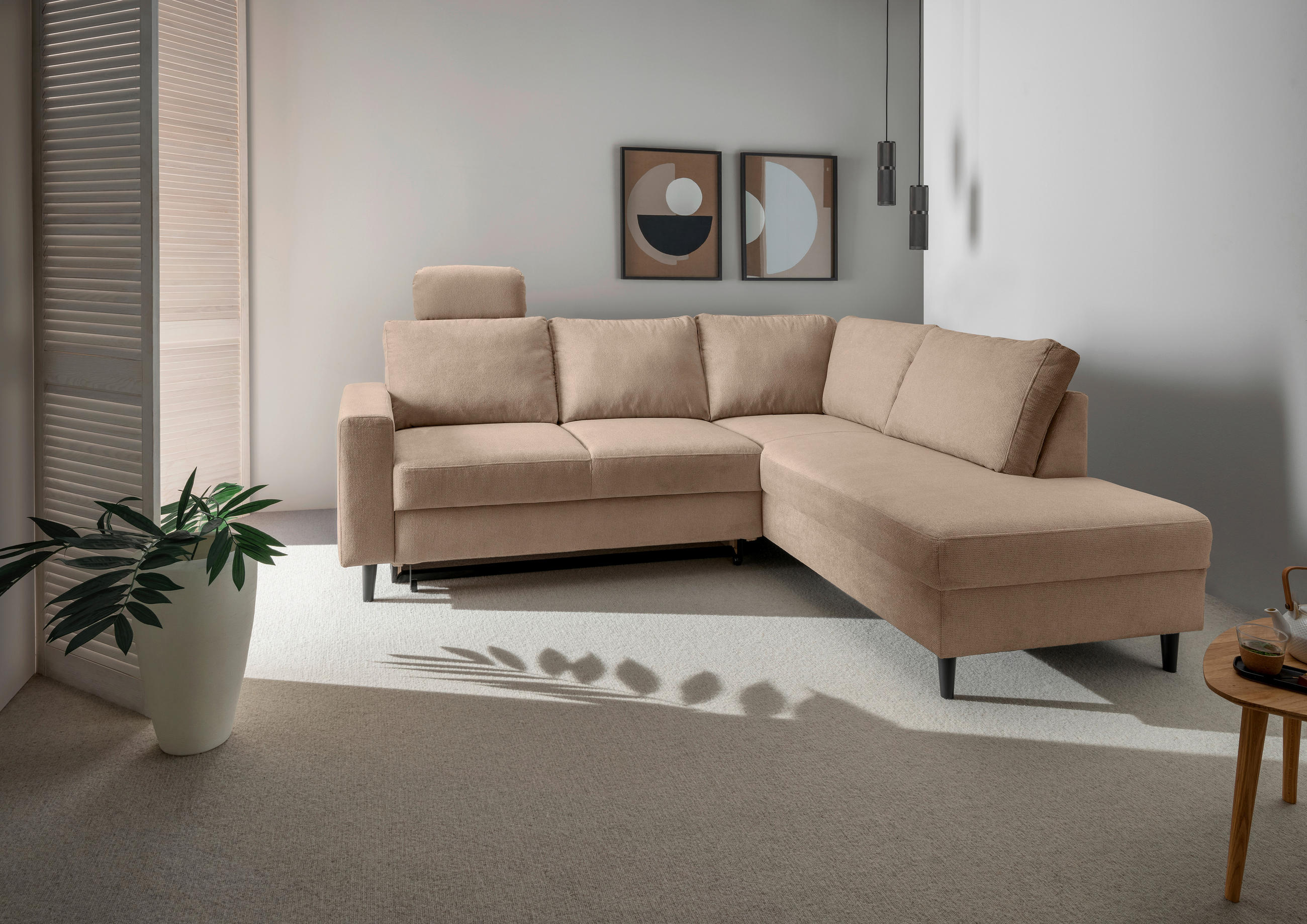 ECKSCHLAFSOFA in Hellbraun Textil   - Hellbraun/Schwarz, Modern, Holz/Textil (242/200cm) - Livetastic