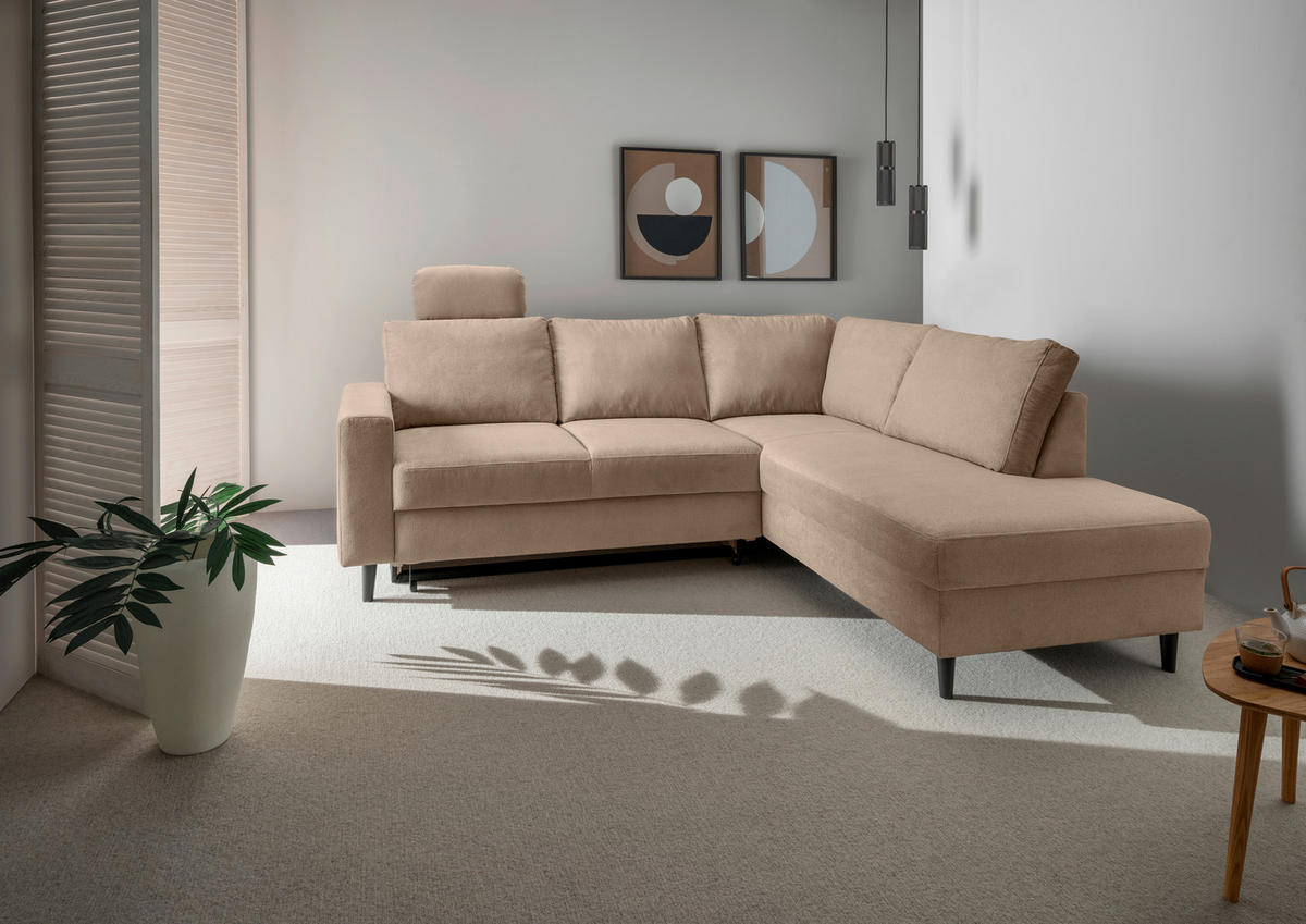 ECKSCHLAFSOFA in Hellbraun Textil   - Hellbraun/Schwarz, Modern, Holz/Textil (242/200cm) - Livetastic