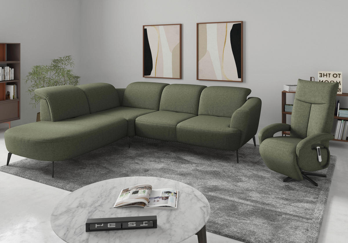 ECKSOFA ZOE E Olivgrün Flachgewebe  - Schwarz/Olivgrün, KONVENTIONELL, Textil/Metall (267/300cm) - Sit & More