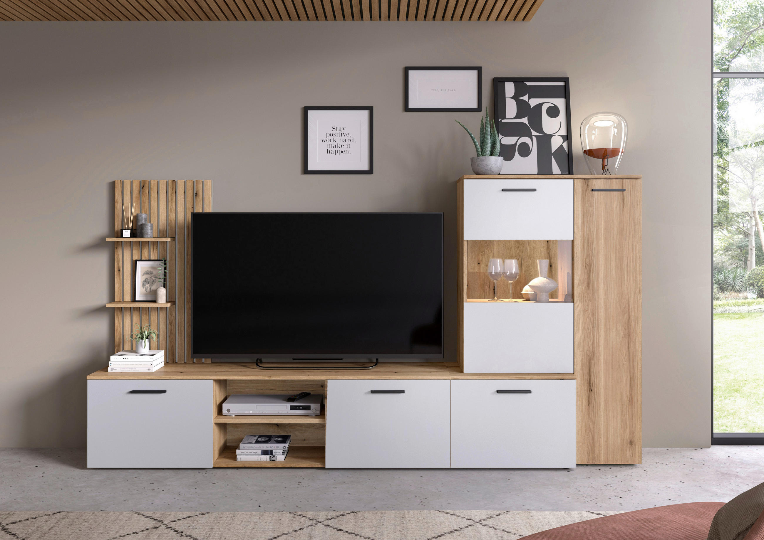 OBÝVACÍ STĚNA, bílá, barvy dubu - bílá/barvy dubu, Moderní, kompozitní dřevo/plast (250/135/38cm) - Carryhome