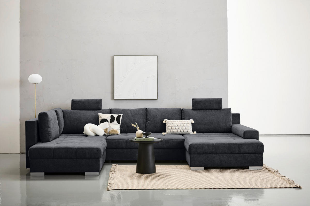 WOHNLANDSCHAFT Schwarz Velours  - Chromfarben/Schwarz, KONVENTIONELL, Kunststoff/Textil (198/363/170cm) - Hom`in