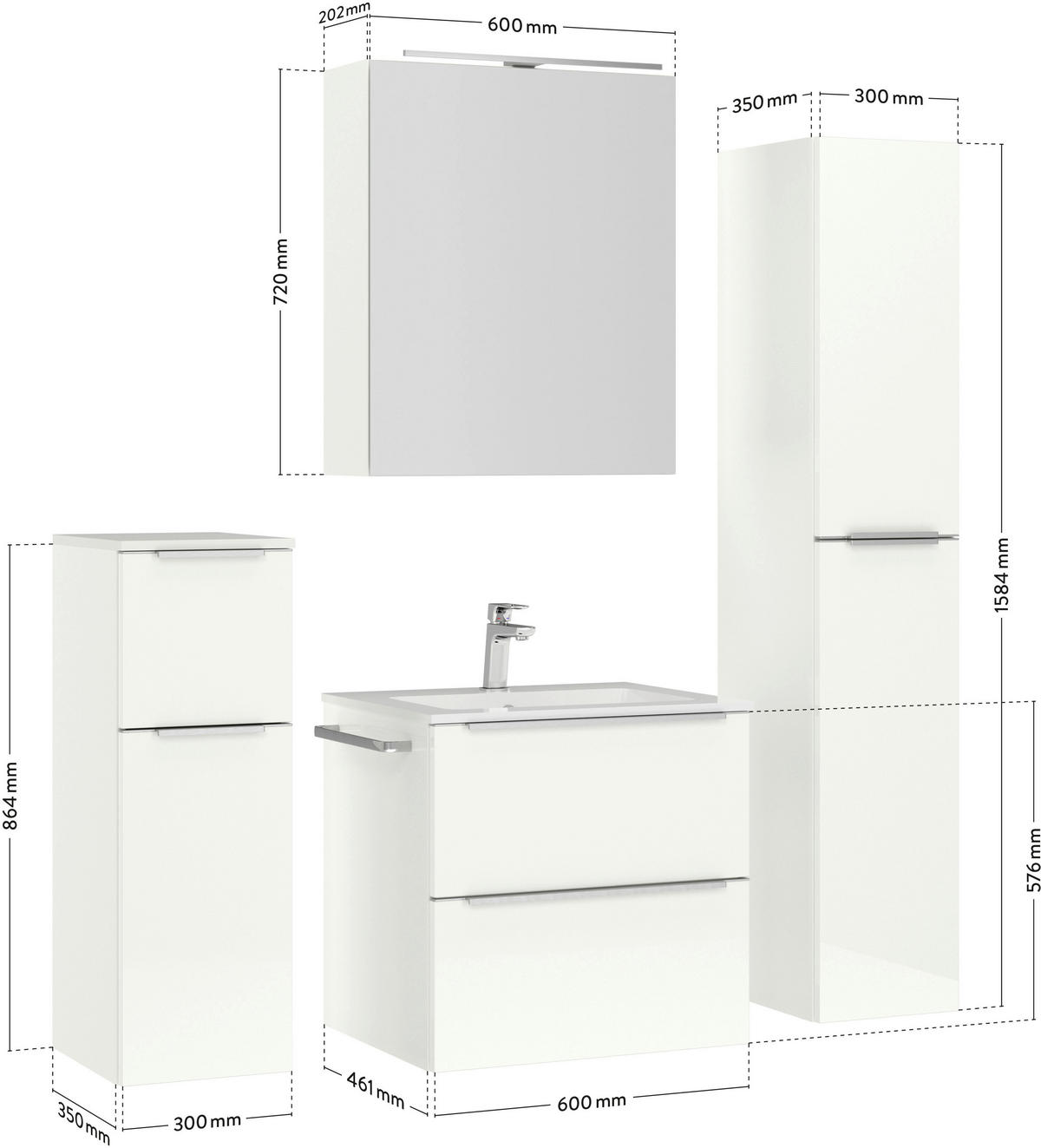 BADEZIMMER 5-teilig  in 121 cm  - Edelstahlfarben/Weiß Hochglanz, MODERN, Holzwerkstoff/Stein (121cm) - Nobilia