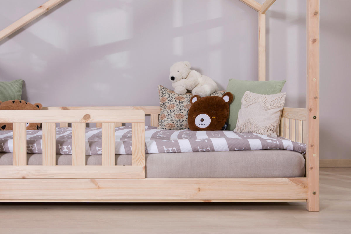 HAUSBETT 120/200 cm,  in Naturfarben, Absturzsicherung, Matratze, Rollrost, Bettkasten  - Weiß/Naturfarben, MODERN, Holz/Textil (120/200cm) - MID.YOU