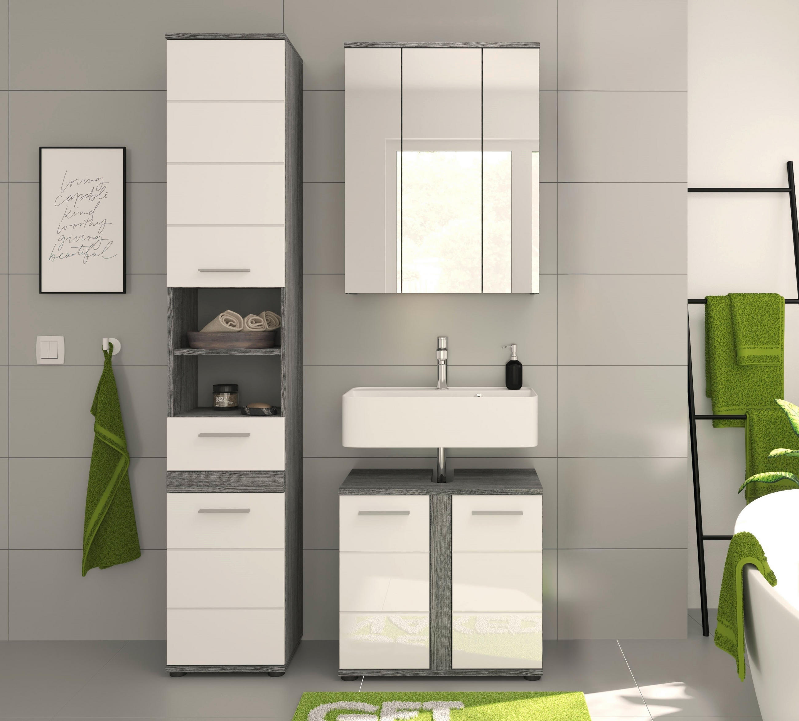 BADEZIMMER 3-teilig  in 105 cm  - Weiß Hochglanz/Silberfarben, MODERN, Glas/Holzwerkstoff (105cm) - MID.YOU