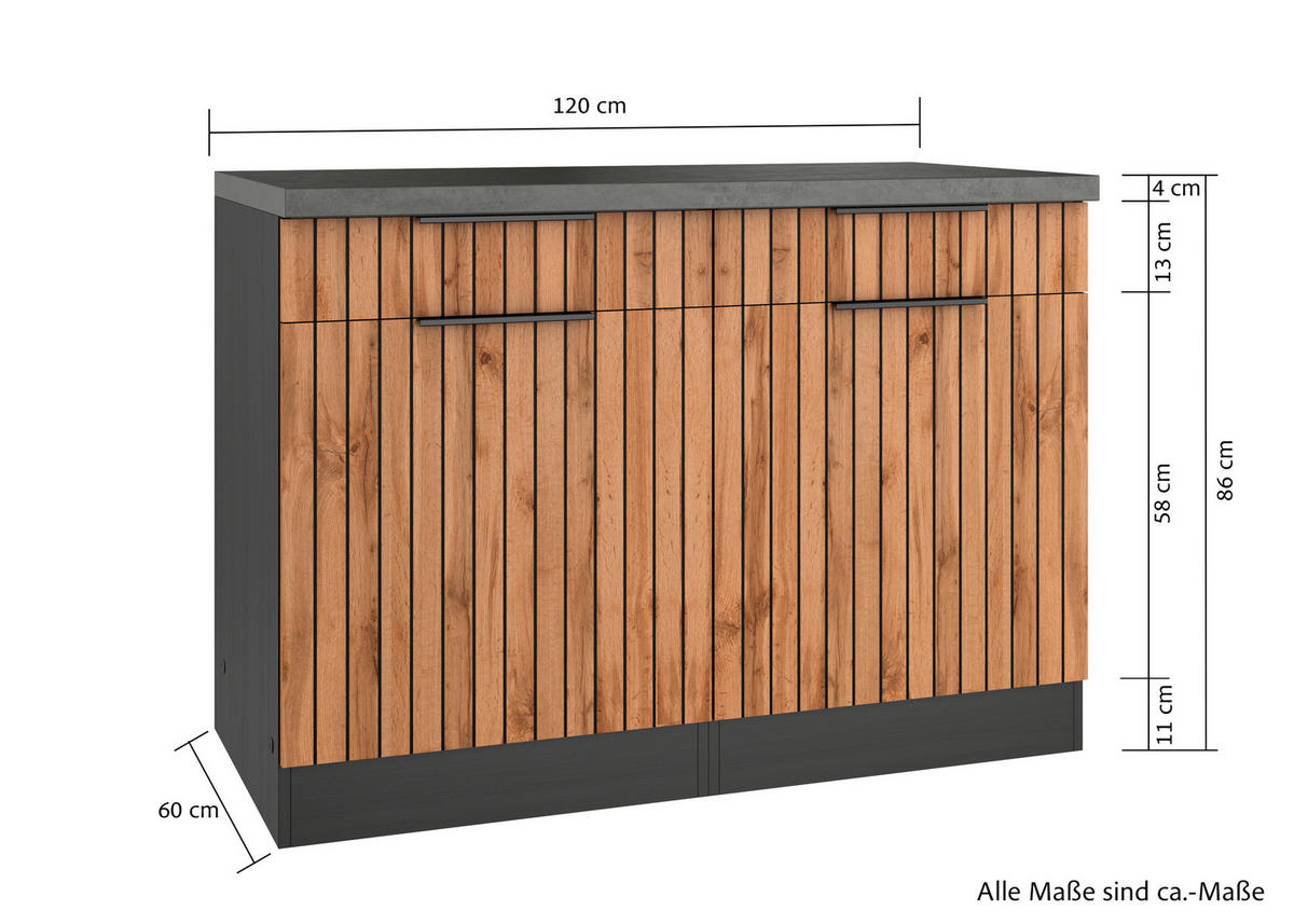 KÜCHENUNTERSCHRANK 120/85/60 cm  in Graphitfarben, Eiche Wotan  - Schieferfarben/Eiche Wotan, Basics, Holzwerkstoff/Metall (120/85/60cm) - Held