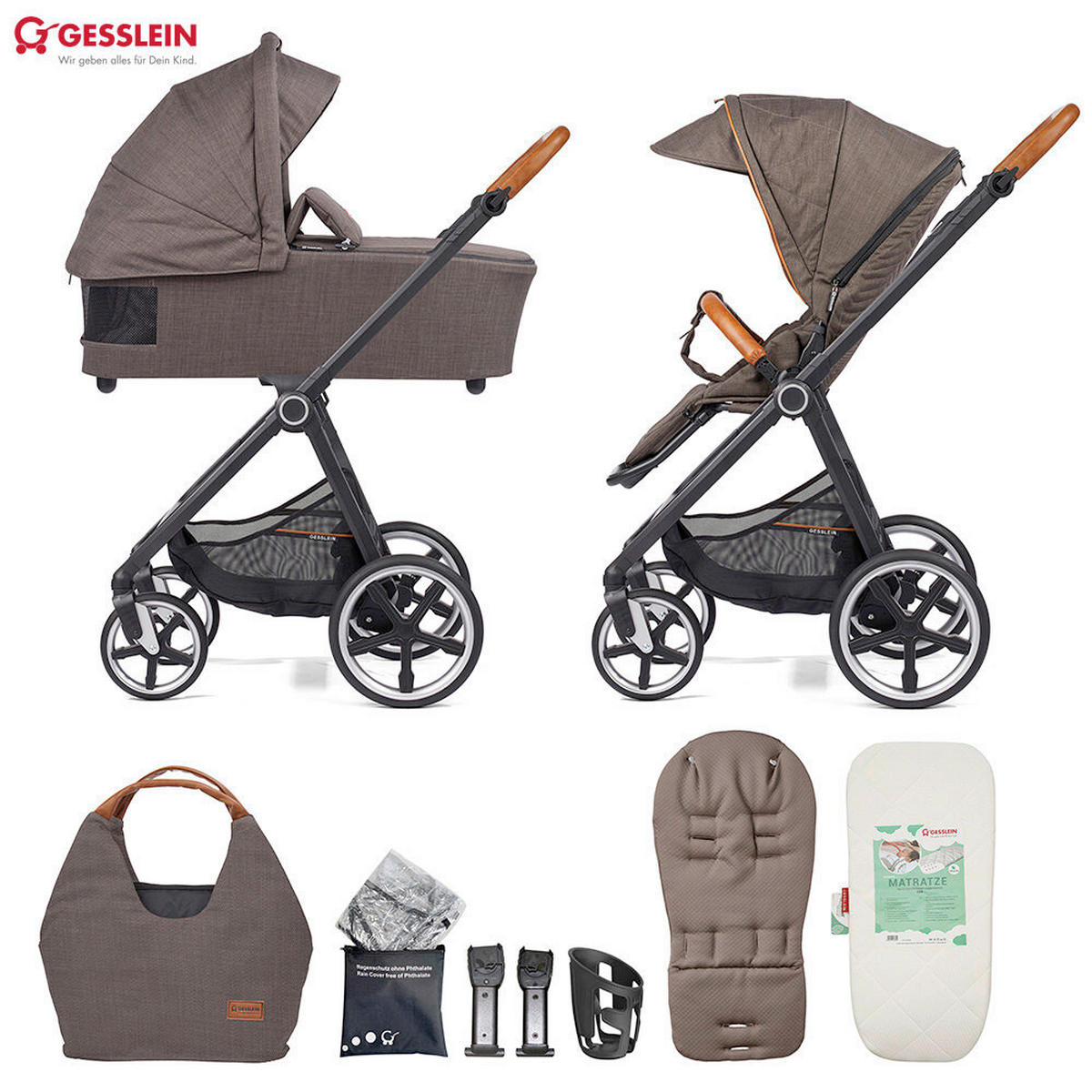 KINDERWAGENSET Fusion Panorama Lyx Set inkl. Wickeltasche  - Schwarz/Mokka, Basics, Metall (57/129/100cm) - Gesslein