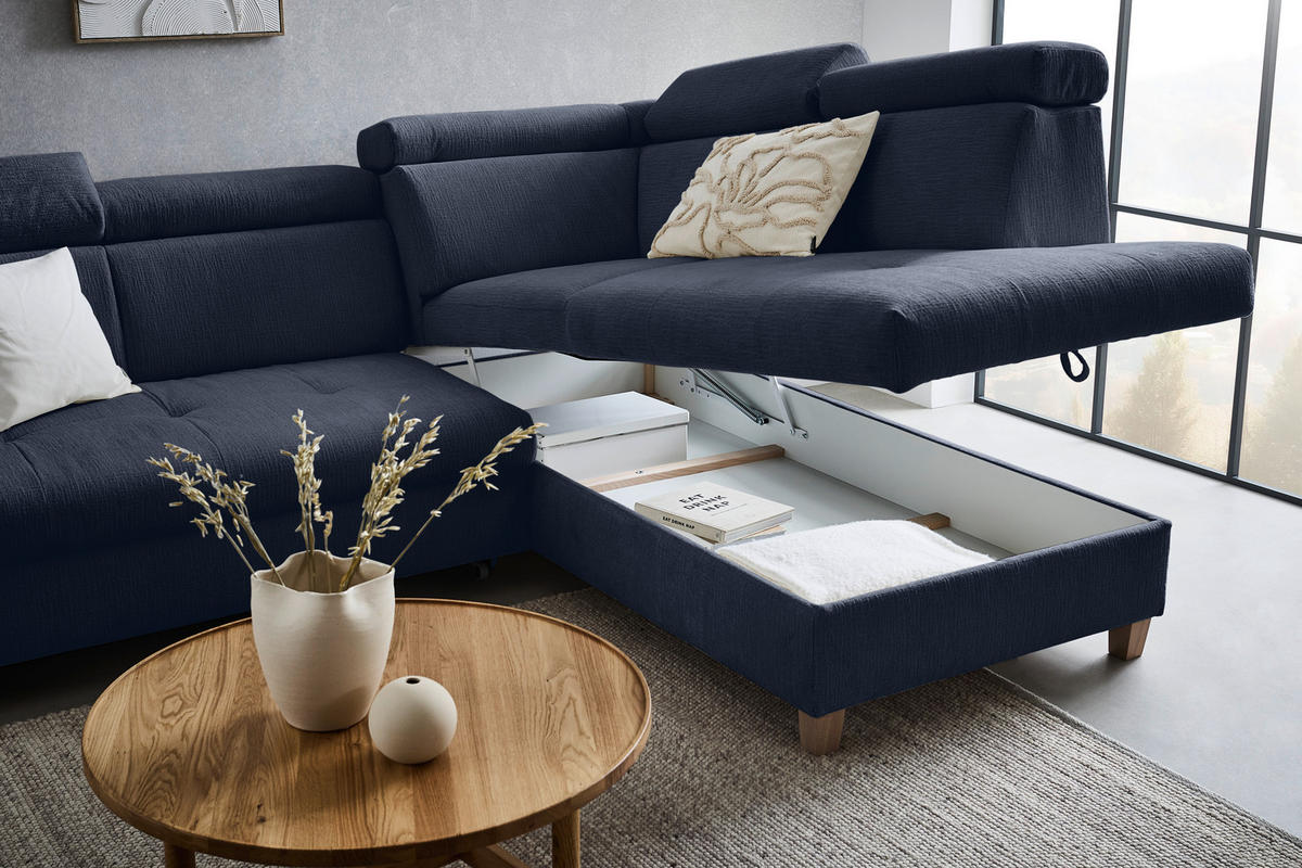 ECKSOFA inkl. Funktionen Dunkelblau Samt  - Bronzefarben/Dunkelblau, Design, Holz/Textil (261/206cm) - Venda