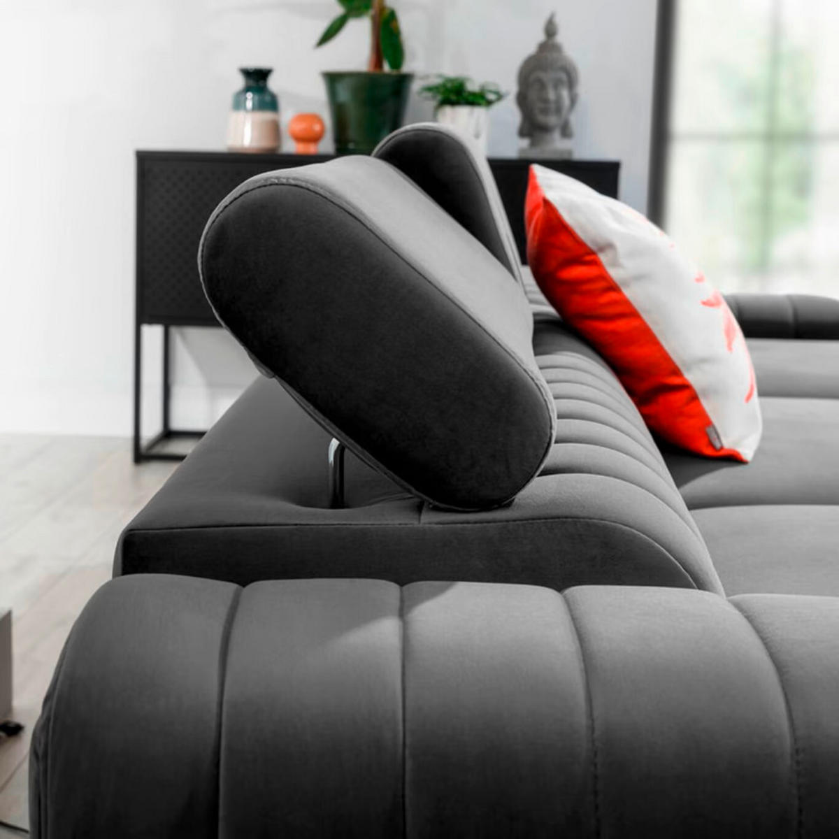 ECKSOFA in Samt Grau  278/205 cm  - Silberfarben/Grau, Design, Textil/Metall (278/205cm) - MID.YOU