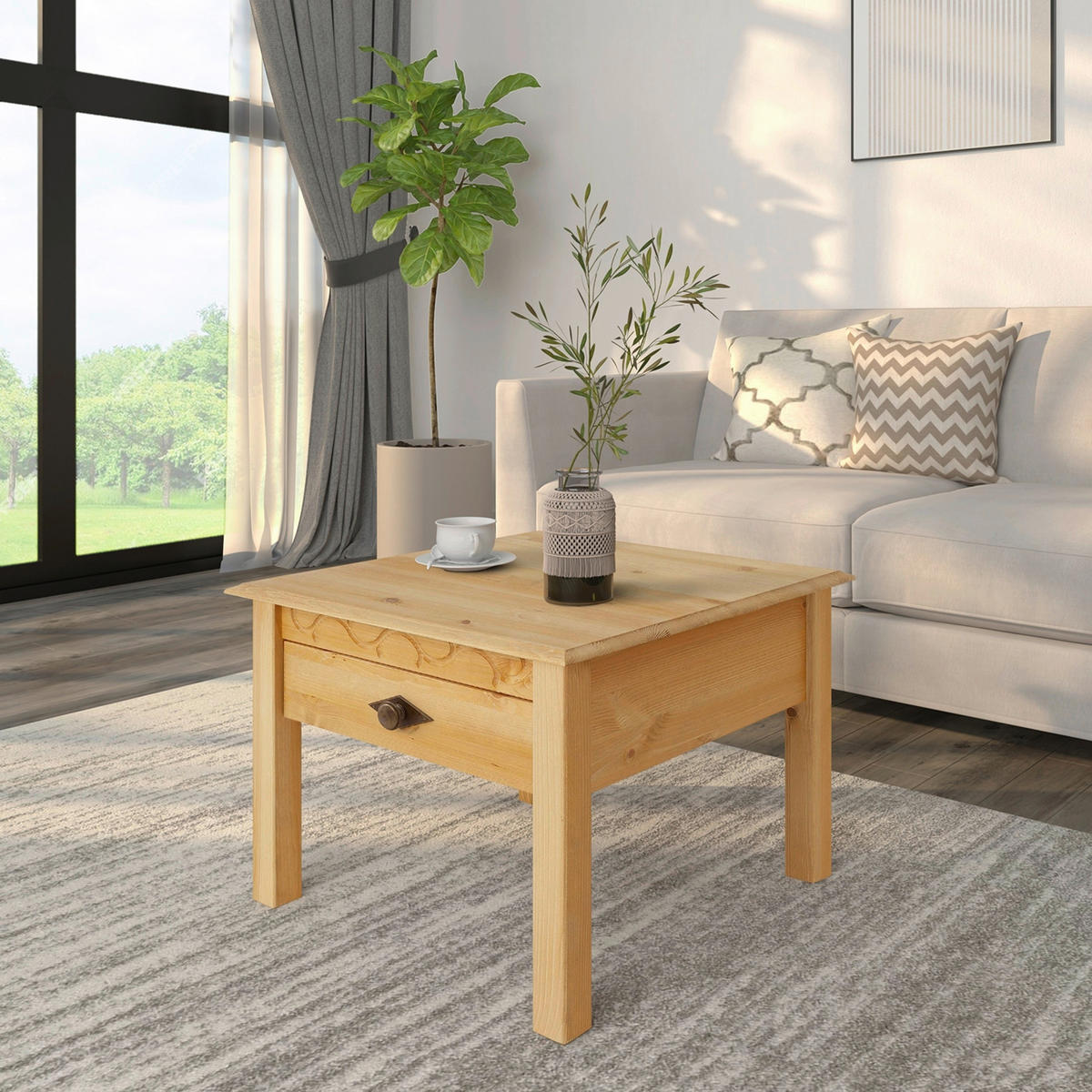 COUCHTISCH LYON Kiefer 60/60/42 cm quadratisch Naturfarben  - Messingfarben/Naturfarben, Design, Holz/Metall (60/60/42cm) - Livetastic