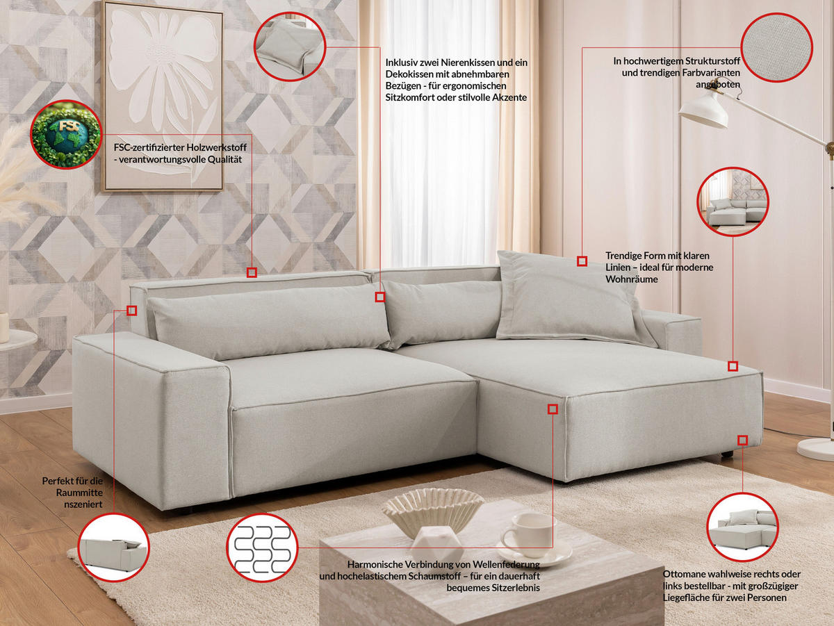 ECKSOFA Webstoff Beige  - Beige/Schwarz, Design, Kunststoff/Textil (251/142cm) - P & B