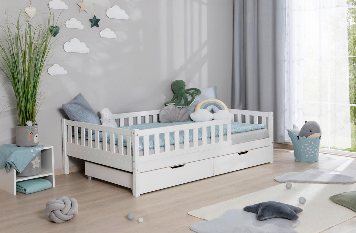 HAUSBETT Absturzsicherung, Matratze, Rollrost, Bettschublade 120/200 cm  - Weiß/Naturfarben, MODERN, Holz/Textil (120/200cm) - MID.YOU