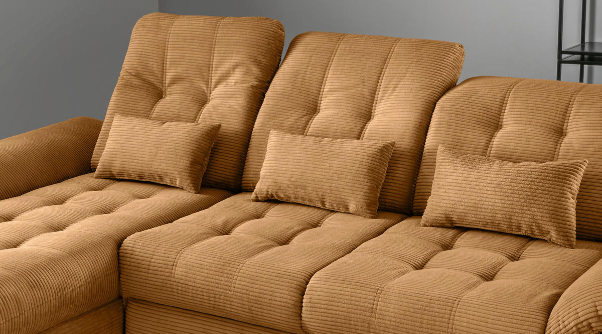 ECKSCHLAFSOFA  mit seitenverkehrt erhältlich, Rücken echt, Armteil links, Armteil rechts Cord Goldfarben  - Goldfarben/Schwarz, MODERN, Textil/Metall (189/273cm) - Livetastic