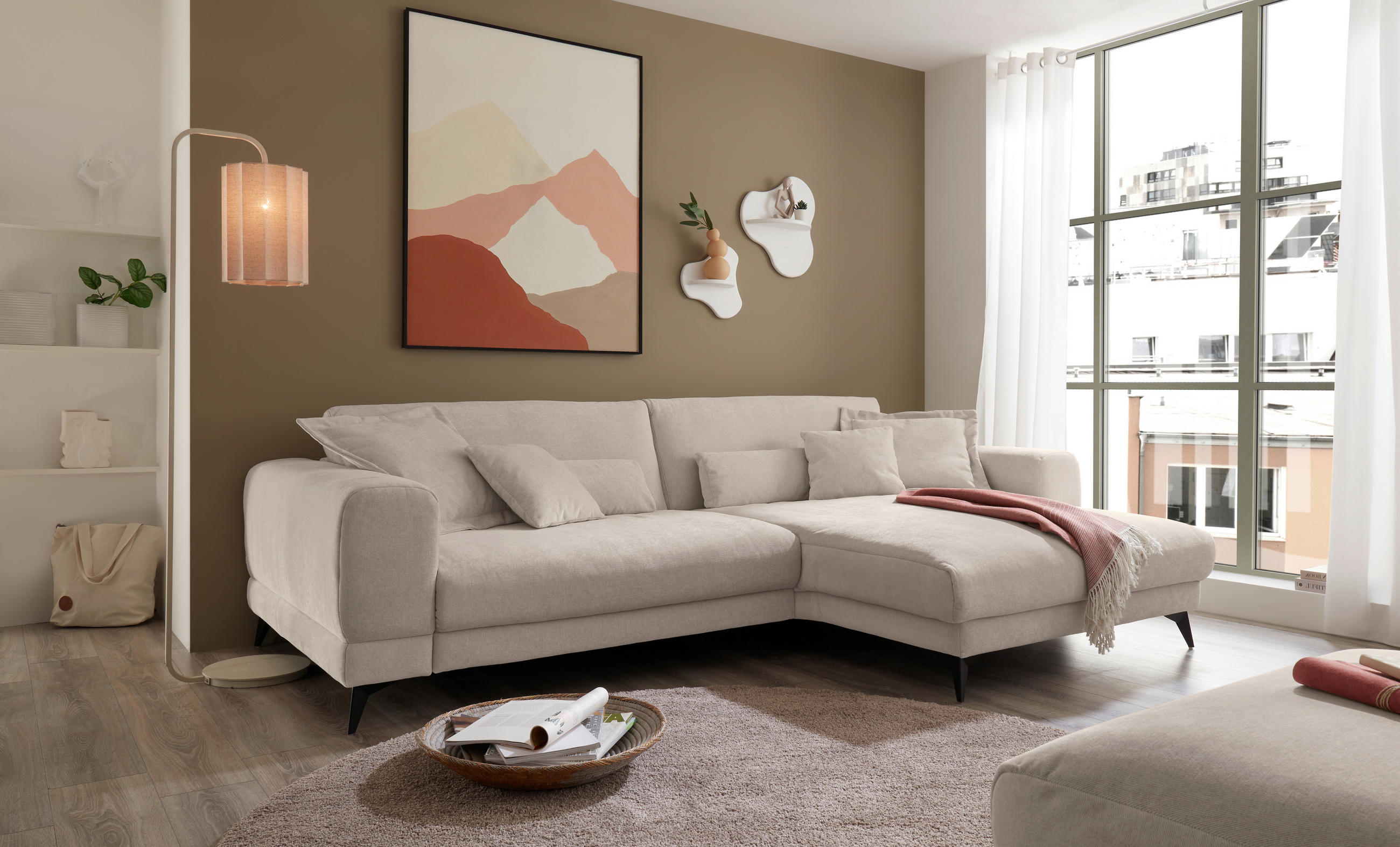 ECKSOFA Naturfarben Chenille  - Schwarz/Naturfarben, KONVENTIONELL, Textil/Metall (292/194cm) - SetOne by Musterring