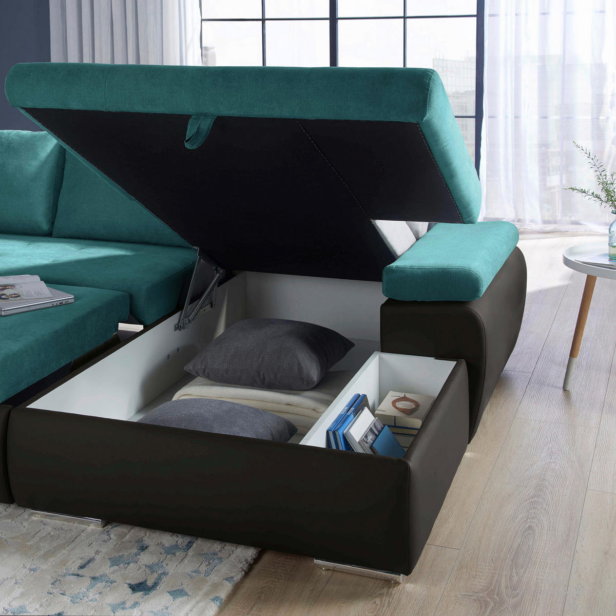ECKSOFA in Flachgewebe Schwarz, Türkis  271/175 cm  - Türkis/Schwarz, Design, Kunststoff/Textil (271/175cm) - Xora