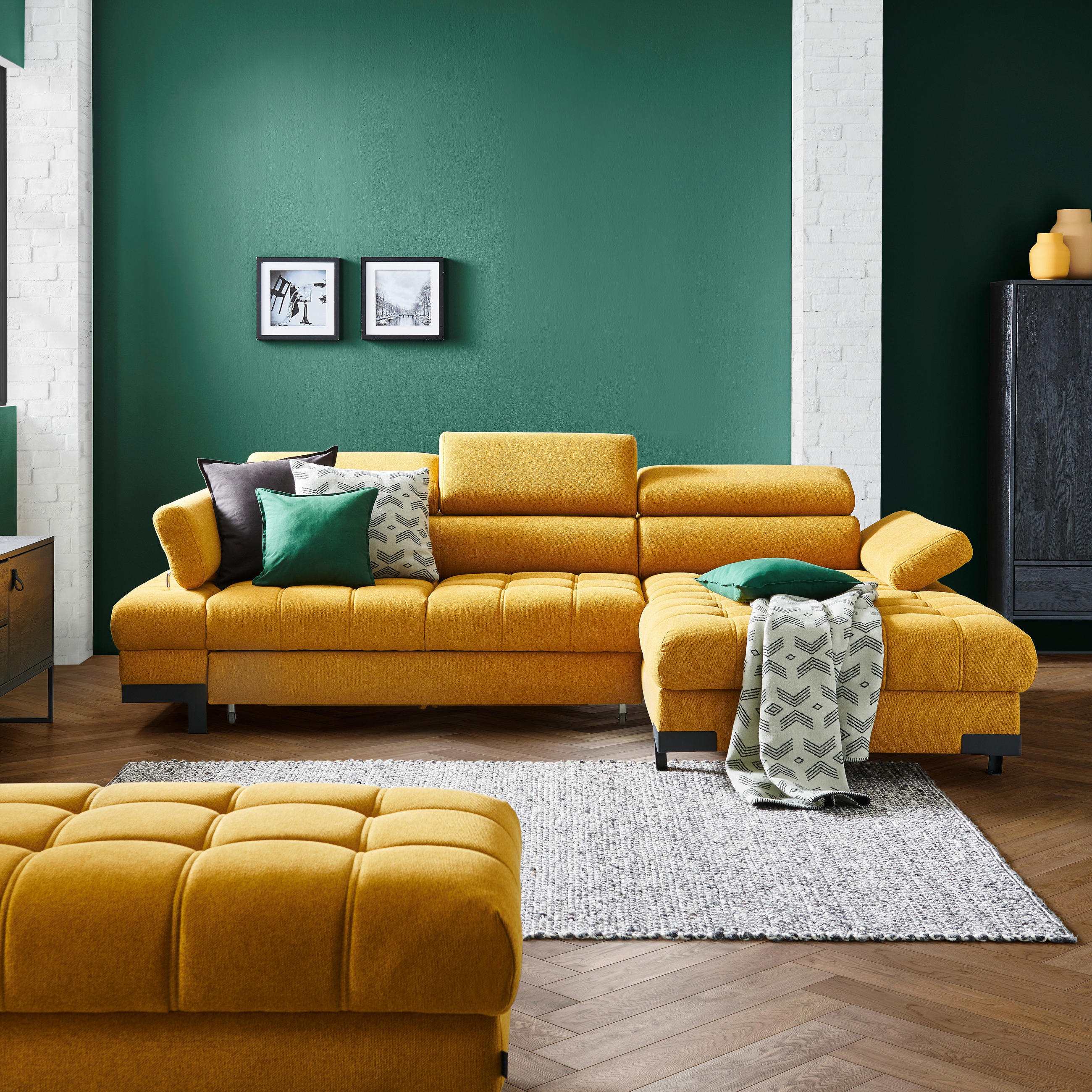 ECKSOFA Gelb Webstoff - Gelb/Schwarz, Design, Textil/Metall (270/173cm) - Welnova