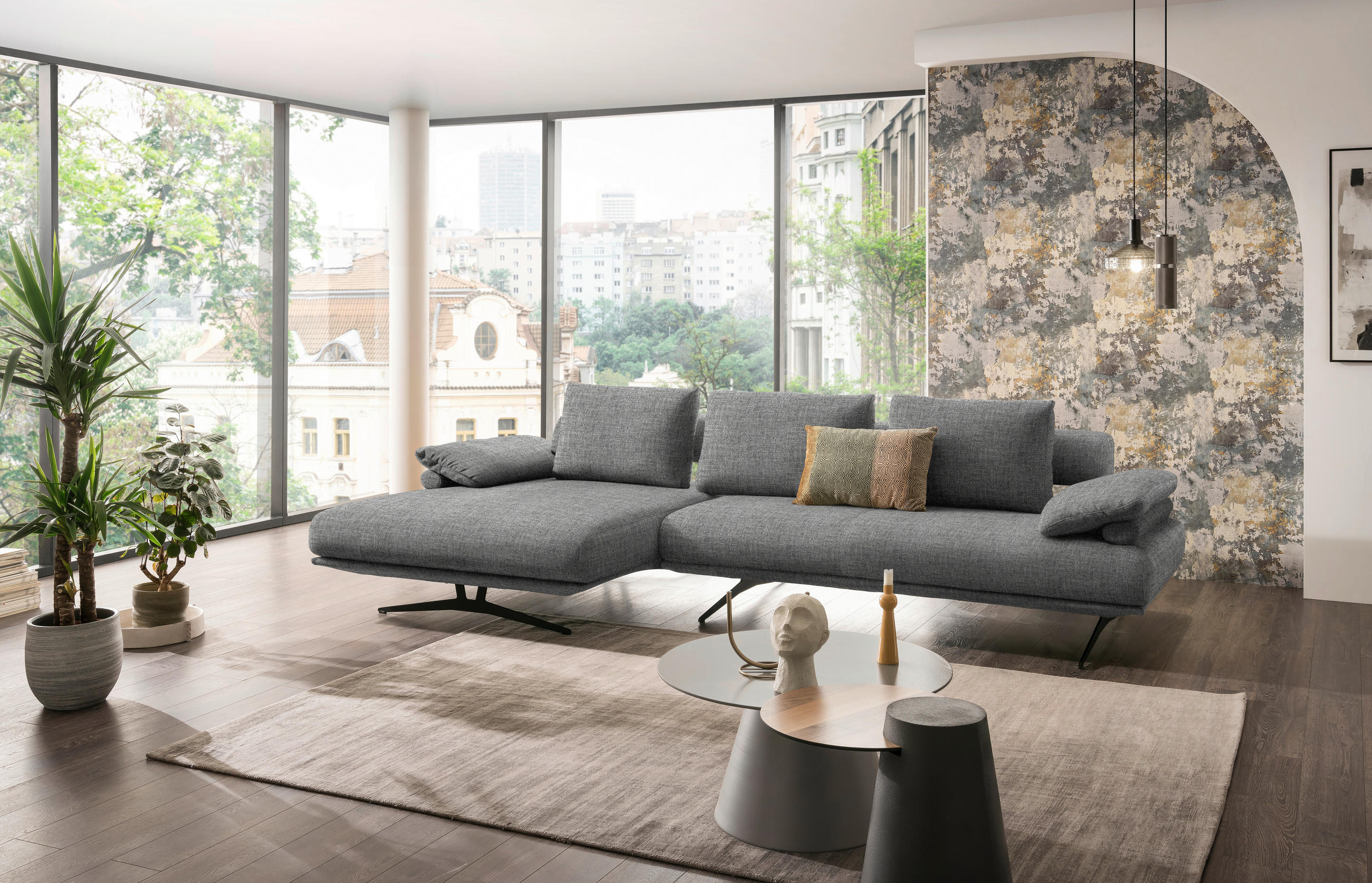ECKSOFA in Chenille Grau  - Schwarz/Grau, Design, Textil/Metall (168/334cm) - Dieter Knoll