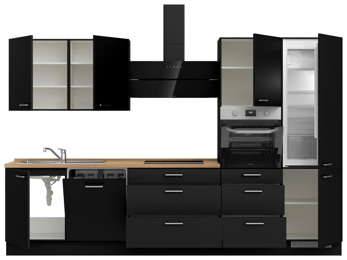 KÜCHENBLOCK 330 cm   in Schwarz, Eichefarben  - Edelstahlfarben/Eichefarben, MODERN, Holzwerkstoff/Metall (330cm) - Nobilia