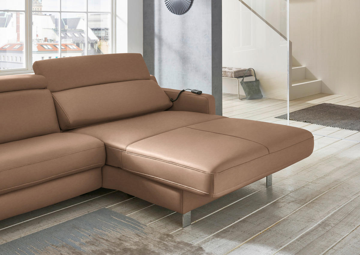 ECKSOFA Echtleder Braun  - Chromfarben/Braun, Design, Leder/Metall (291/176cm) - Valdera