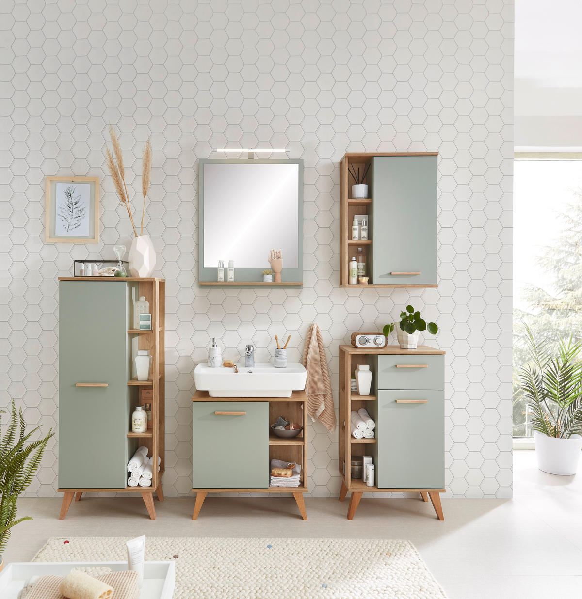 FÜRDŐSZOBATÜKÖR 60/74,5/15,5 cm  - tölgyfa/pasztellzöld, Design, faalapú anyag (60/74,5/15,5cm) - Xora