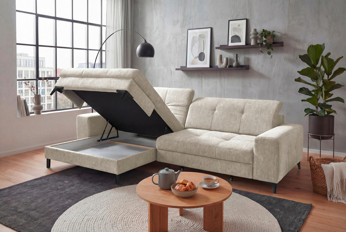 ECKSOFA SORELLA Creme Chenille Kopfteilverstellung, Sitztiefenverstellung  - Creme/Schwarz, Design, Kunststoff/Textil (182/328cm) - MID.YOU