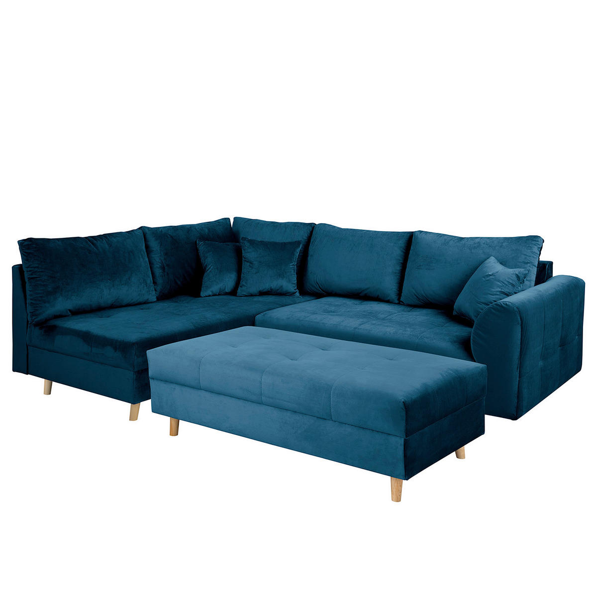 ECKSOFA inkl. Hocker Ariella Blau Samt Rückenkissen, Hocker  - Blau/Naturfarben, Design, Holz/Textil (161/231cm) - Livetastic