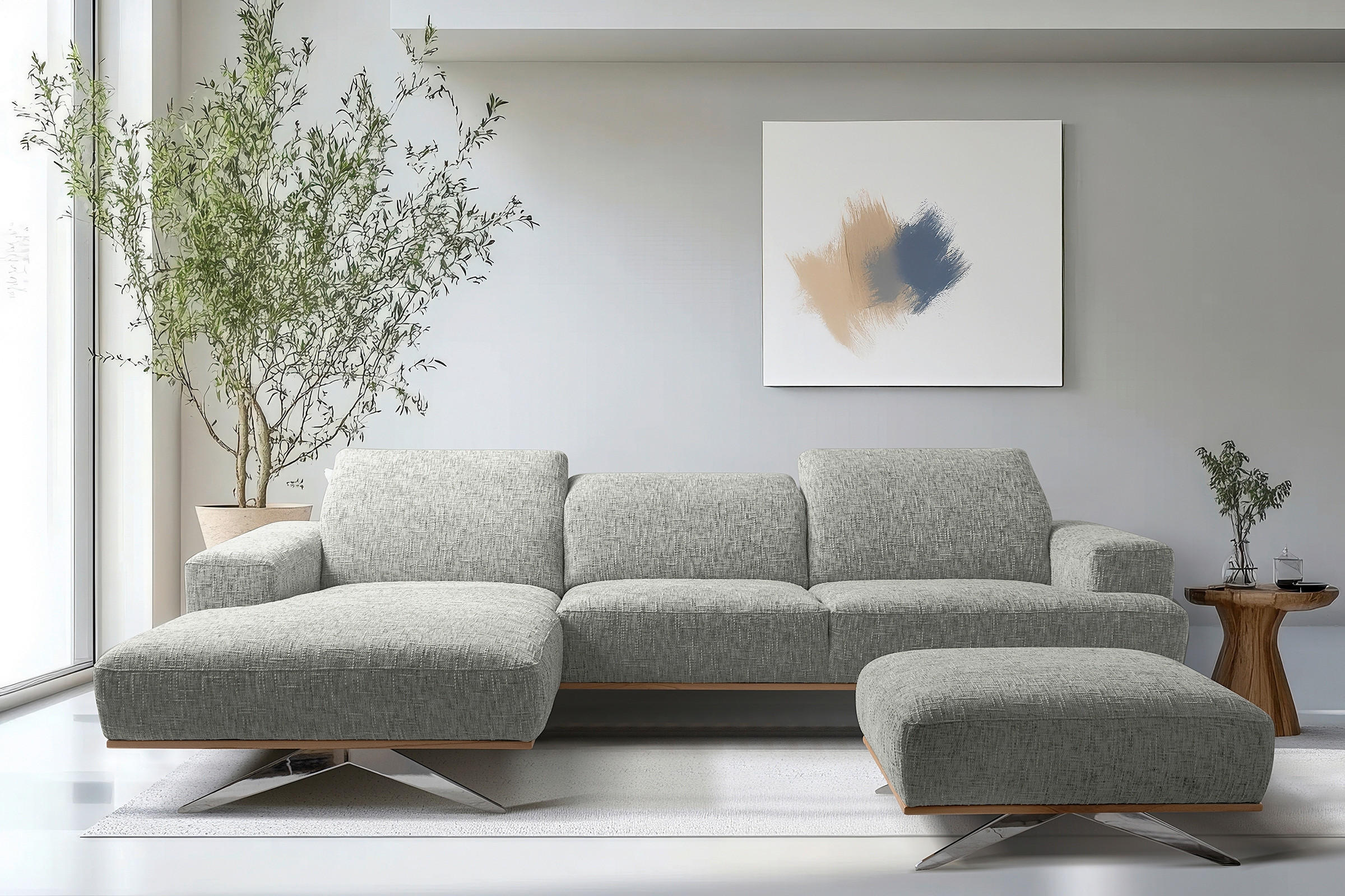 ECKSOFA PORTLAND Grau Struktur Kopfteilverstellung  - Chromfarben/Naturfarben, Design, Holz/Textil (187/295cm) - Livetastic