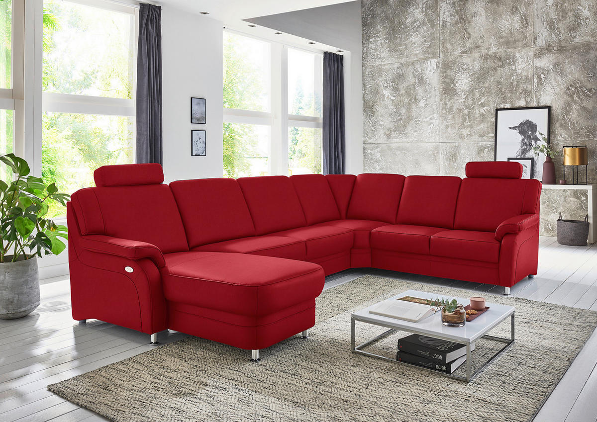 WOHNLANDSCHAFT  in Echtleder Rot  - Rot/Alufarben, KONVENTIONELL, Leder/Metall (165/329/239cm) - Beldomo Premium