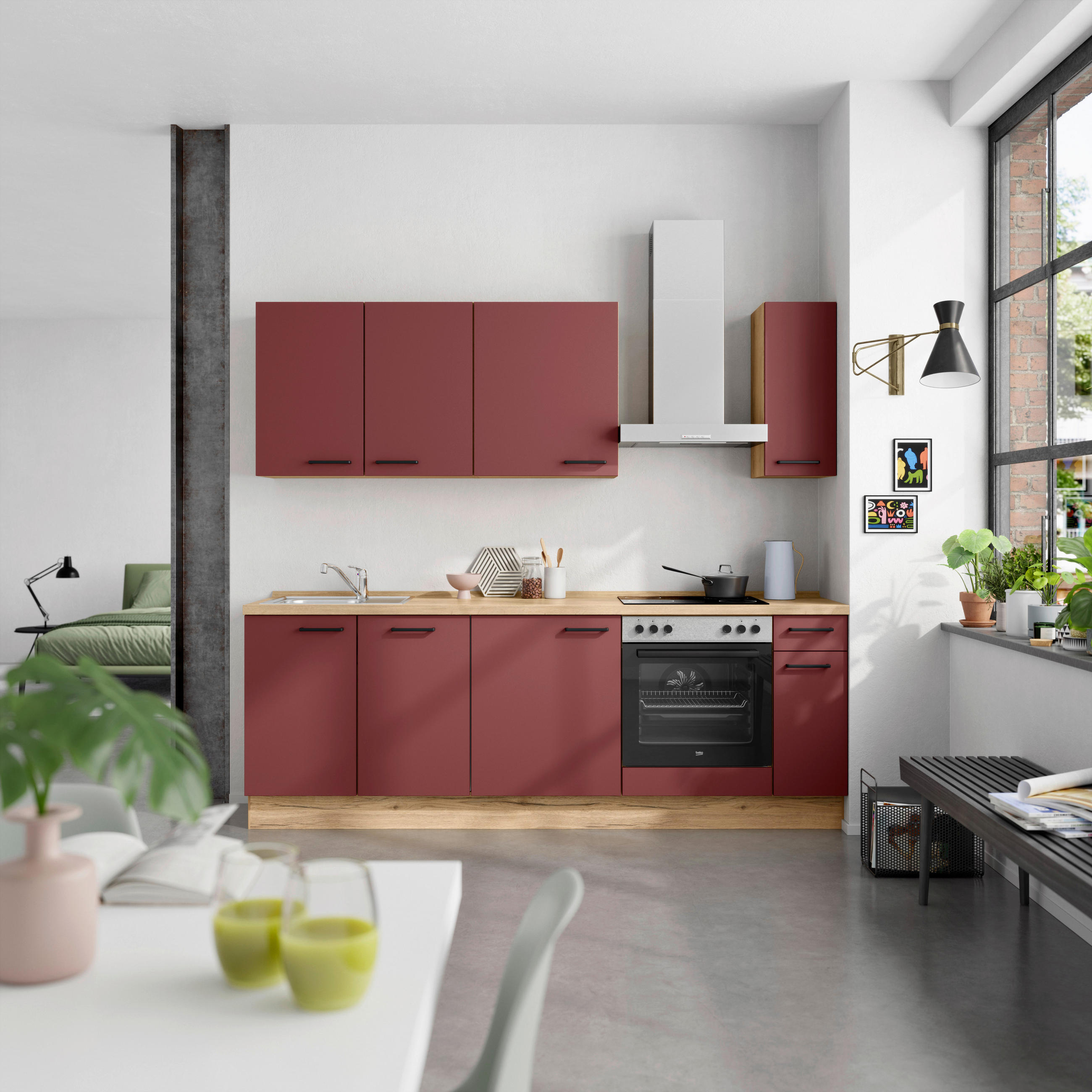 KÜCHENLEERBLOCK 240 cm   in Rot, Eichefarben  - Eichefarben/Rot, MODERN, Holzwerkstoff/Metall (240cm) - Nobilia