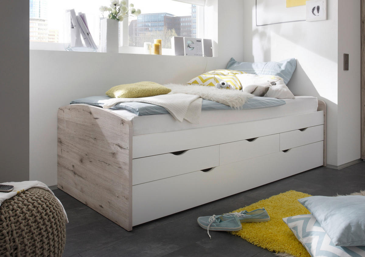VÝSUVNÁ POSTEĽ, 90-180/200 cm biela, prírodná farba - biela/prírodná farba, Design, kompozitné drevo (90-180/200cm) - Carryhome