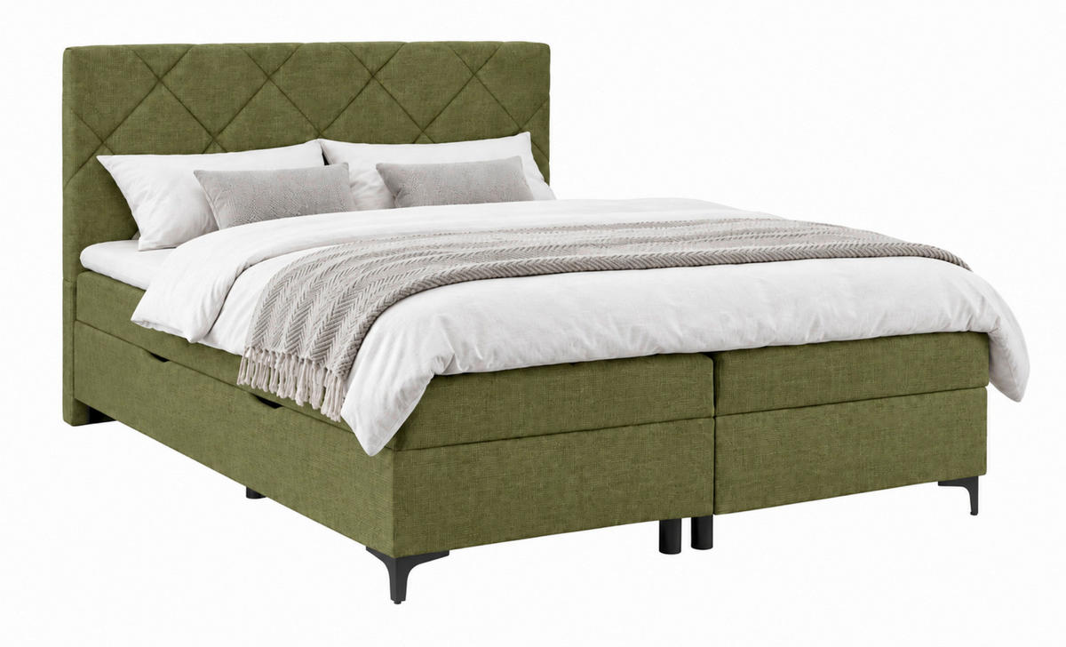 BOXBETT 180/200 cm,  in Grün, Bettkasten, Topper, H3 + H3 = fest  - Schwarz/Grün, MODERN, Holz/Textil (180/200cm) - MID.YOU