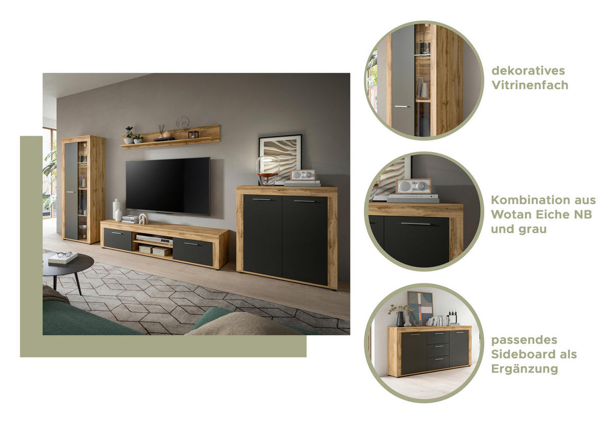SIDEBOARD 125/80/35 cm  - ek Wotan/silver, Design, trämaterial/plast (125/80/35cm) - MID.YOU