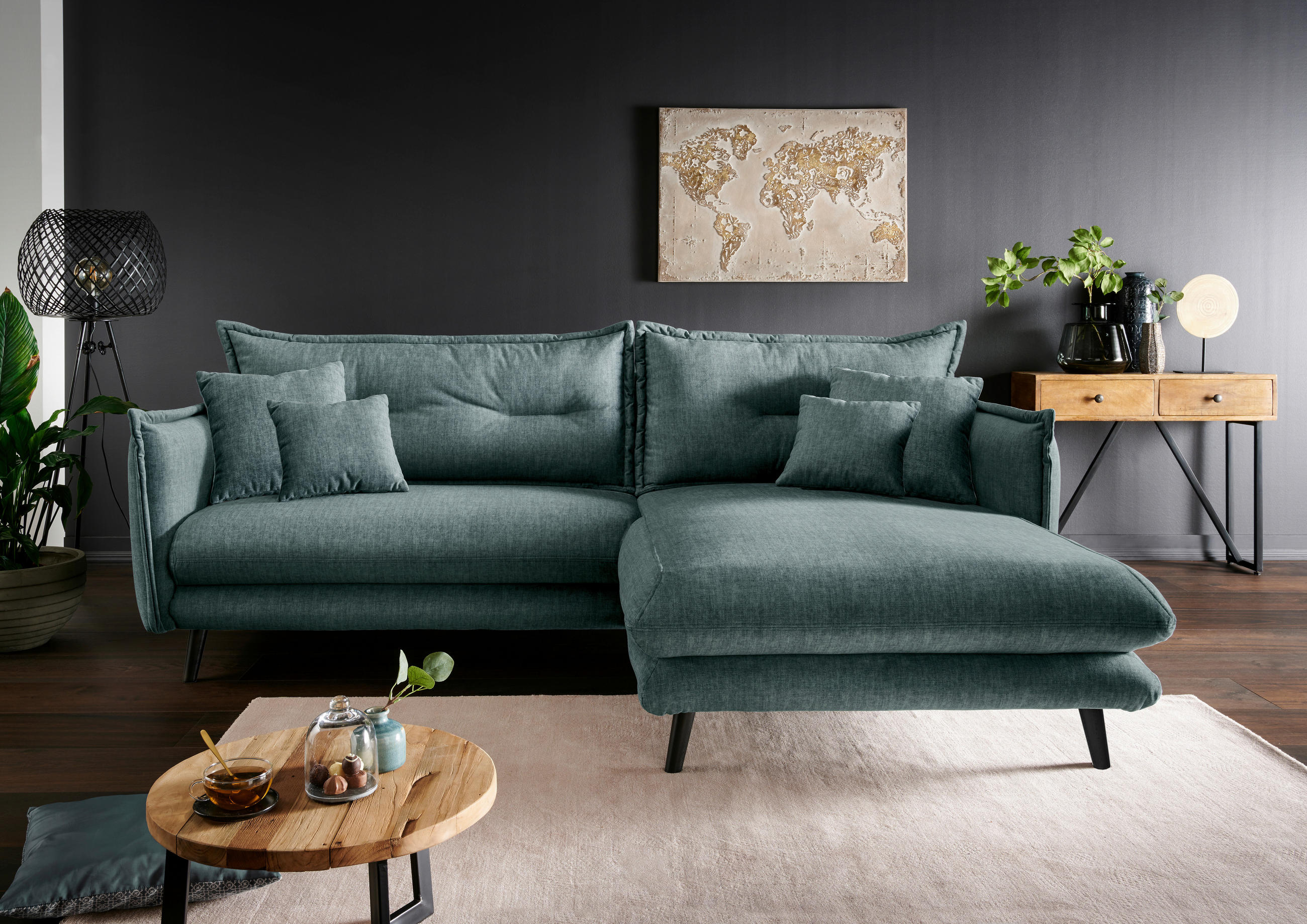 ECKSOFA Dunkelblau, Dunkelgrün Velours  - Blau/Dunkelgrün, MODERN, Holz/Textil (255/180cm) - Livetastic