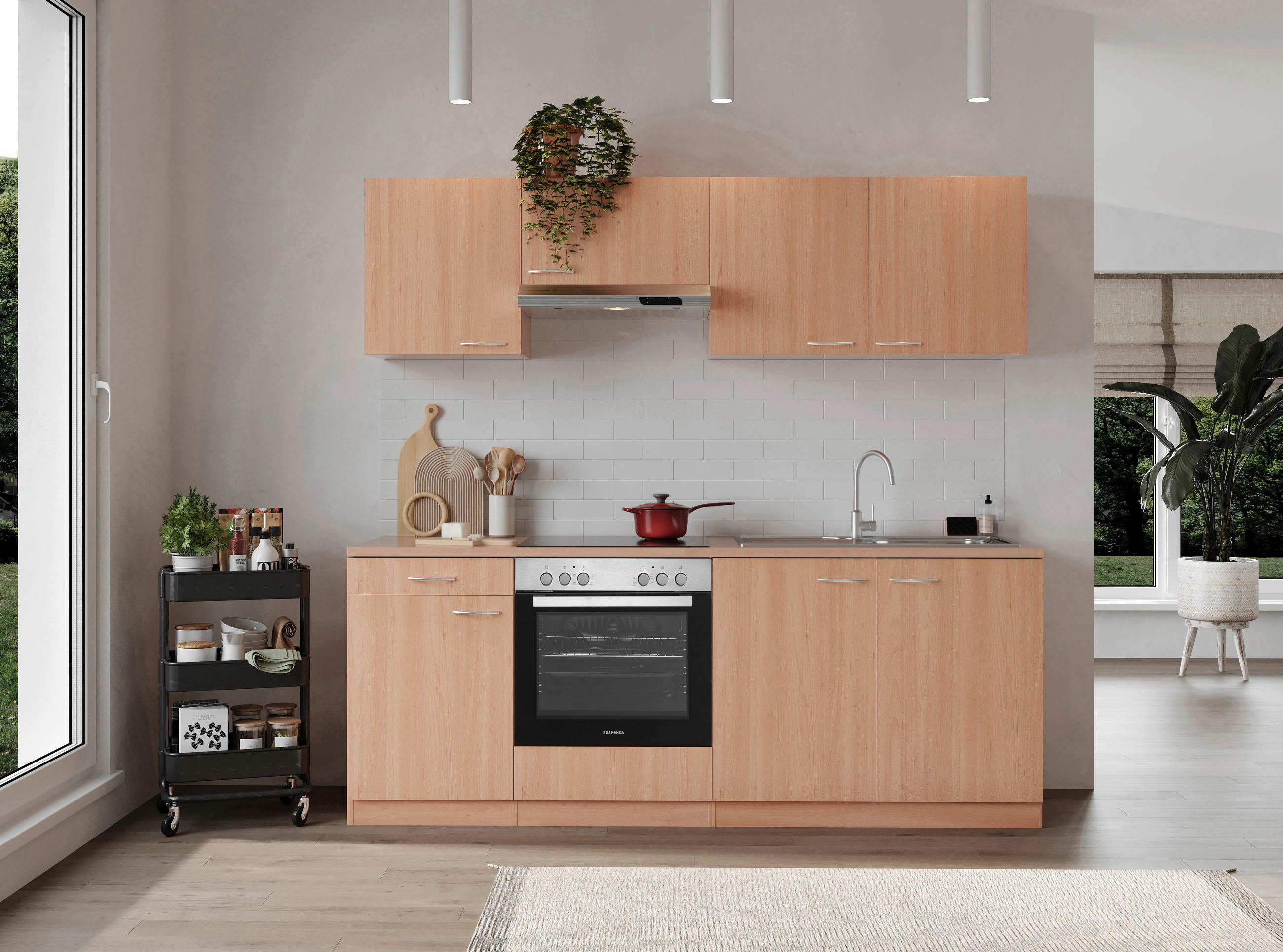 MODULKÖK 210 cm   i bokfärgad  - bokfärgad/aluminiumfärg, Basics, trämaterial/plast (210cm) - Respekta