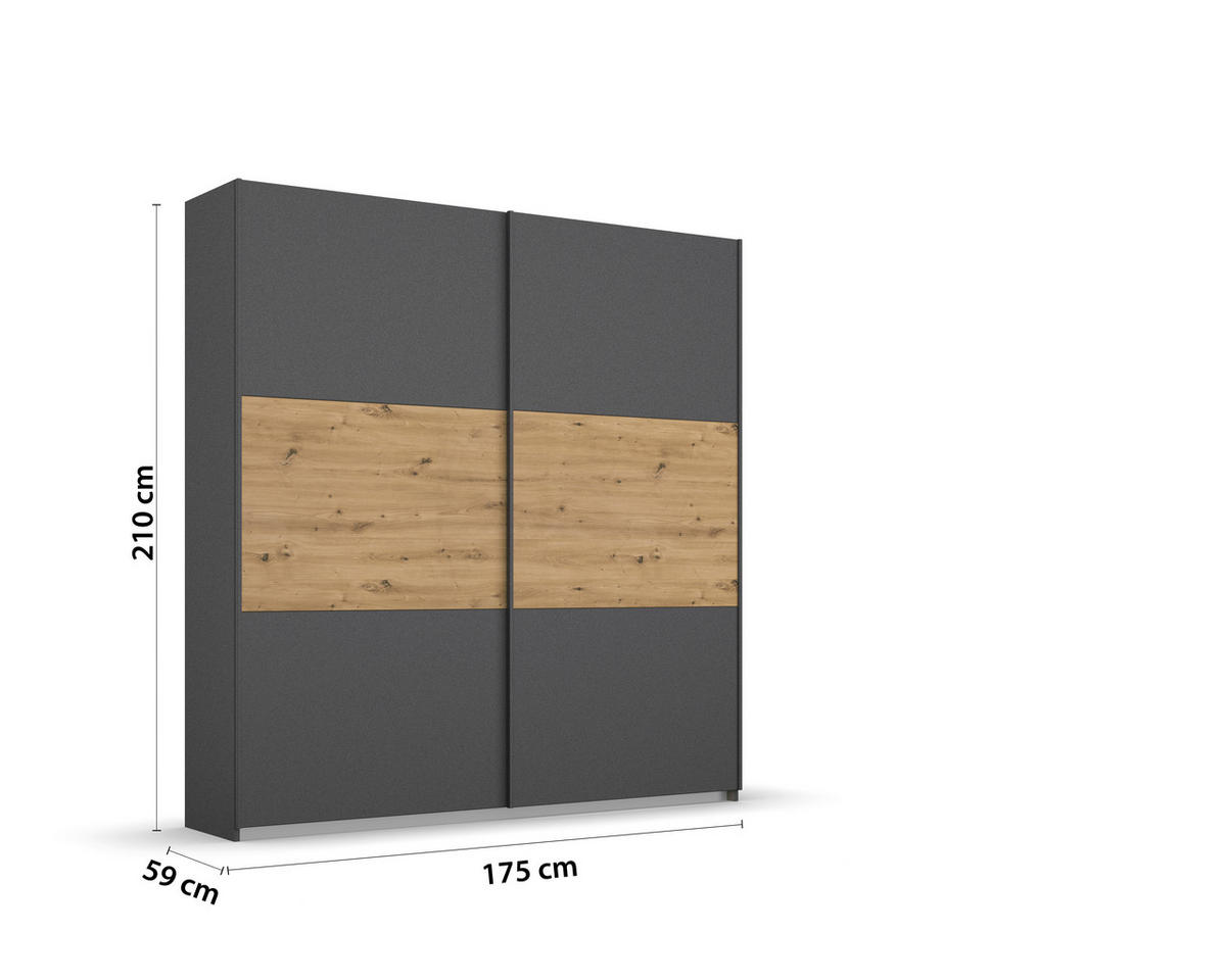SCHWEBETÜRENSCHRANK  in Grau, Eiche Artisan  - Eiche Artisan/Grau, MODERN, Holzwerkstoff/Metall (175/210/54cm) - Rauch Möbel