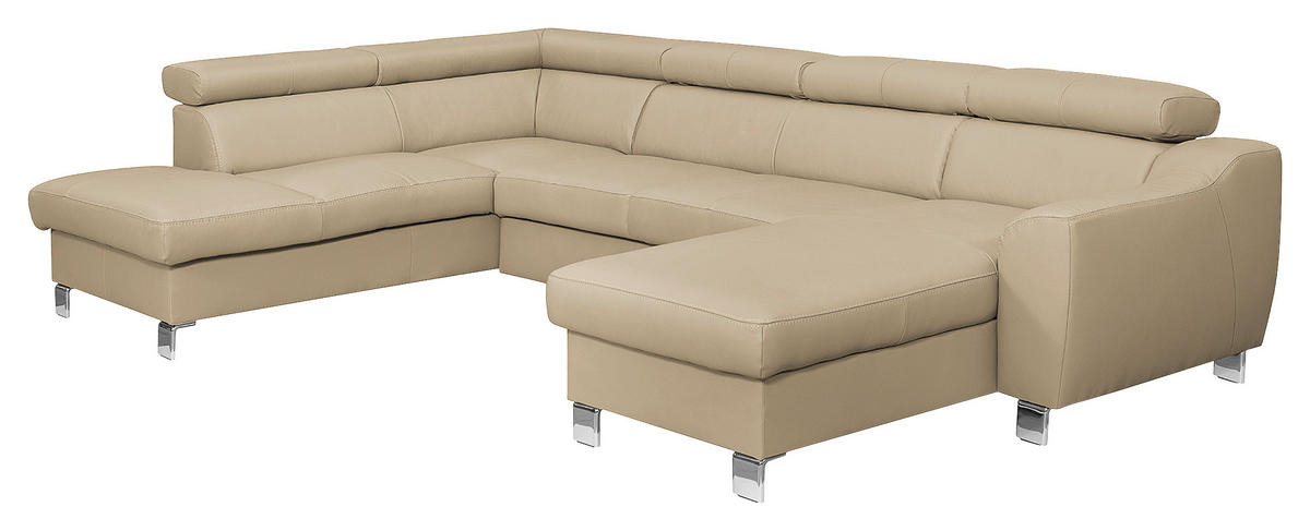 WOHNLANDSCHAFT in Lederlook Echtleder Beige  - Chromfarben/Beige, Design, Leder/Textil (208/315/175cm) - Livetastic
