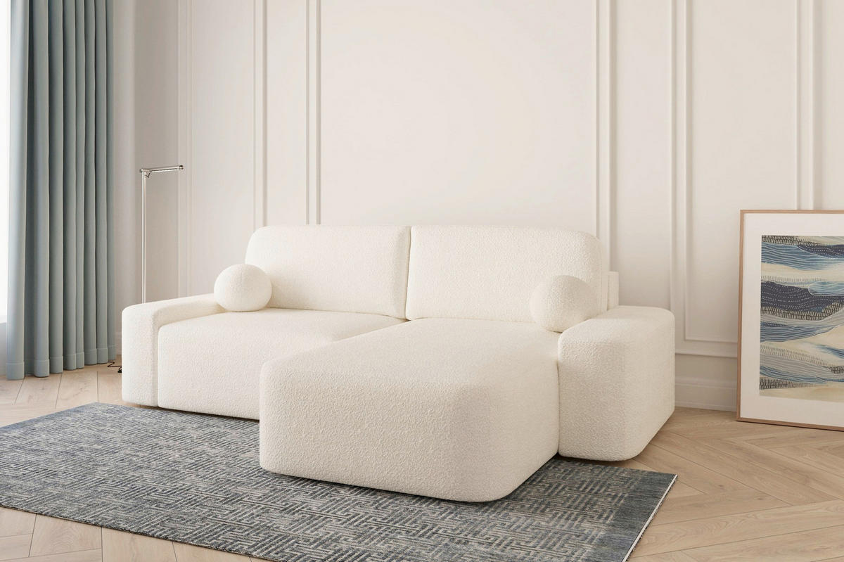 ECKSOFA OVAL Elfenbein Bouclé Rückenkissen, Schlaffunktion, Rücken echt, Stauraum  - Elfenbein/Schwarz, Design, Kunststoff/Textil (268/110cm) - MID.YOU