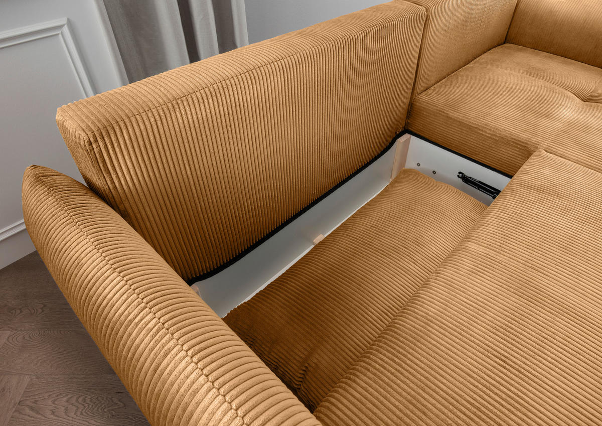 ECKSCHLAFSOFA in Cord Goldfarben  - Goldfarben/Schwarz, Basics, Holz/Textil (238/174cm) - Livetastic