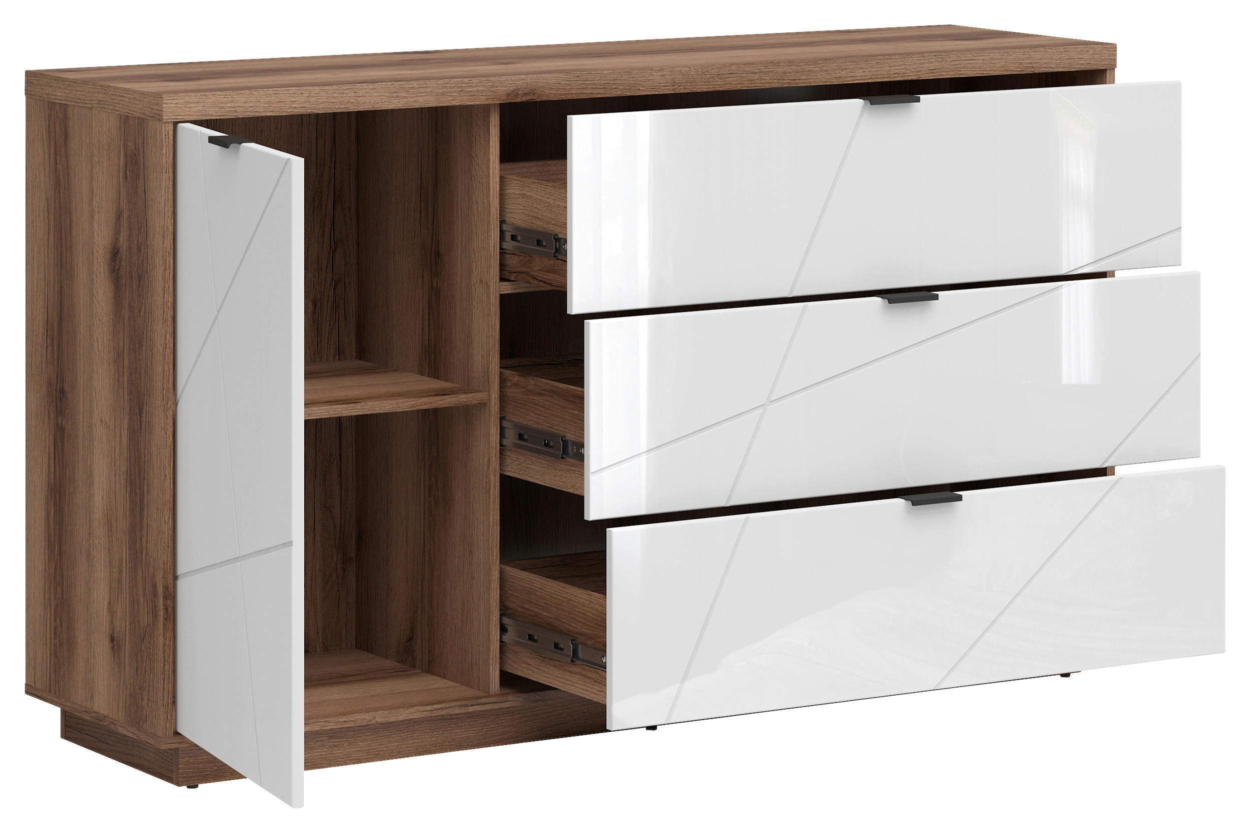 SIDEBOARD in 156/93/42,5 cm - Weiß Hochglanz/Eichefarben, Design, Holzwerkstoff/Kunststoff (156/93/42,5cm)