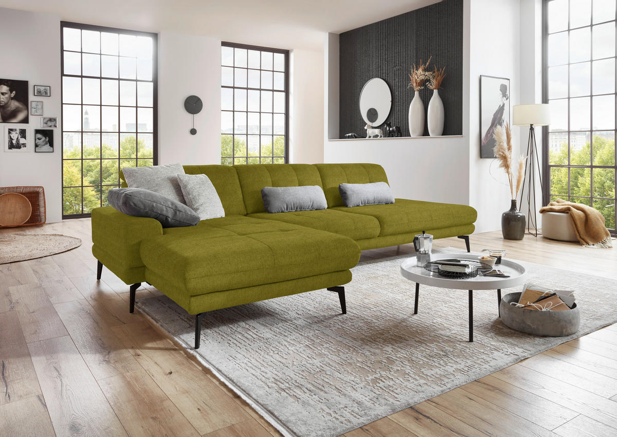 ECKSOFA in Flachgewebe Grün  - Schwarz/Grün, Design, Textil/Metall (190/309cm) - Beldomo Style