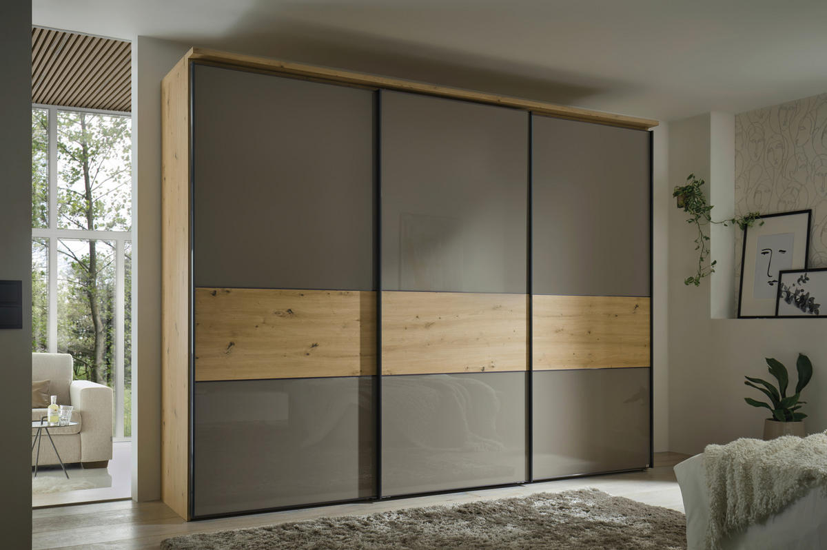 SCHWEBETÜRENSCHRANK 336/240/68 cm 3-türig Anthrazit, Schwarz, Eichefarben  - Eichefarben/Anthrazit, Design, Glas/Holz (336/240/68cm) - Dieter Knoll