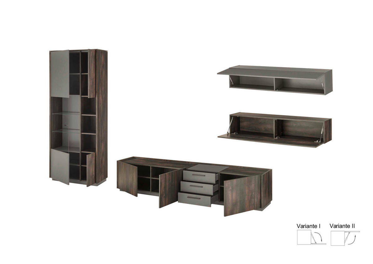 WOHNWAND 4-teilig  in Anthrazit, Eichefarben  416/200/45 cm  - Eichefarben/Anthrazit, Design, Glas/Holzwerkstoff (416/200/45cm) - MID.YOU
