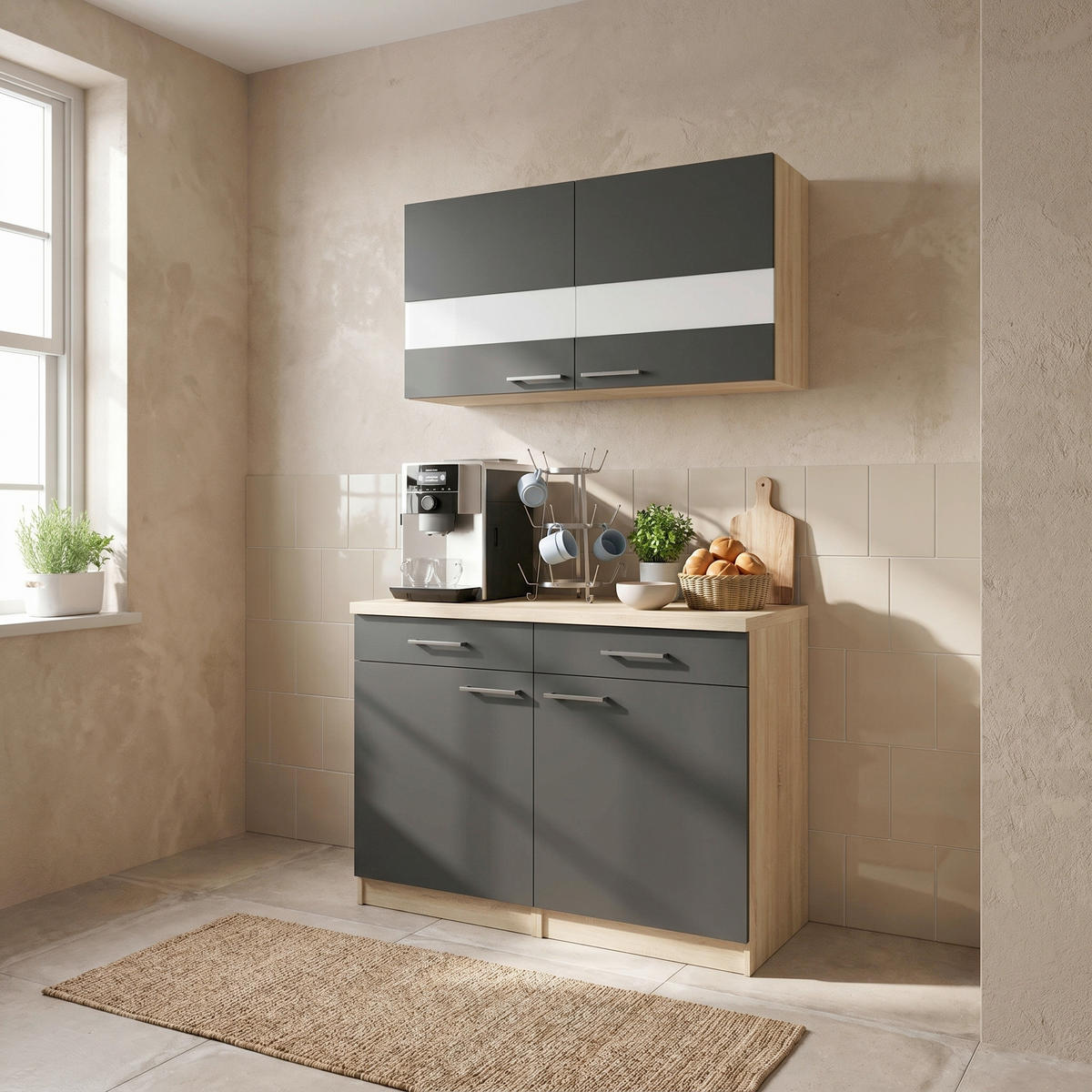 BUFFET 100/200/60 cm  in Schwarz, Eichefarben  - Eichefarben/Silberfarben, Basics, Glas/Holzwerkstoff (100/200/60cm) - Respekta
